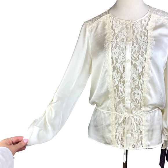 Hale Bob NWT Cream White Charmeuse Lacy Sheer Long Sleeve Button Up Blouse - Picture 3 of 14